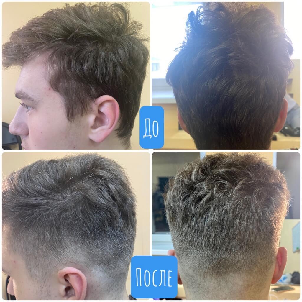 До и После модель после стрижки волос с курсов парикмахера